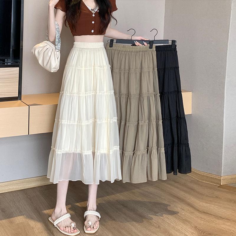 

Chiffon Midi Skirt for Women - Spring/Summer Patchwork Ruffle Tiered Cake Skirt with Elastic Waist, Hip-Covering A-Line & Full Flared Design 2XL абрикосовий
