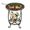 2-layer Storage Rack Outdoor Side Table, Round Small Mosaic Bird Butterfly Patio Accent, Indoor End Table Plant Coffee Tea for Yard Porch Garden
