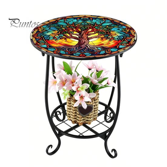 2-layer Storage Rack Outdoor Side Table, Round Small Mosaic Bird Butterfly Patio Accent, Indoor End Table Plant Coffee Tea for Yard Porch Garden
