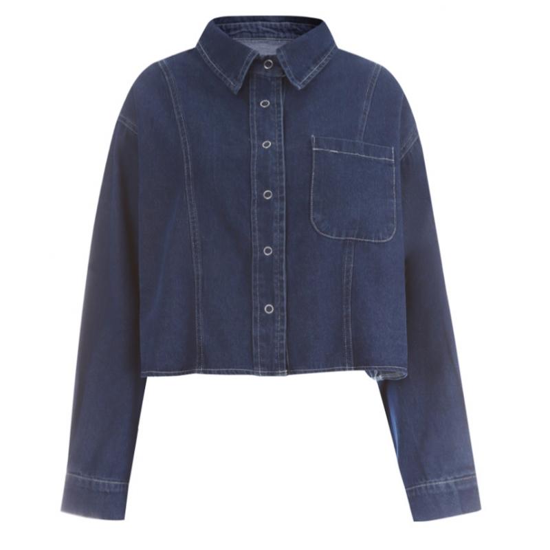 Shop Women Semi Crop Collar Neck Button Open Denim Long Sleeve Shirt Light Sky