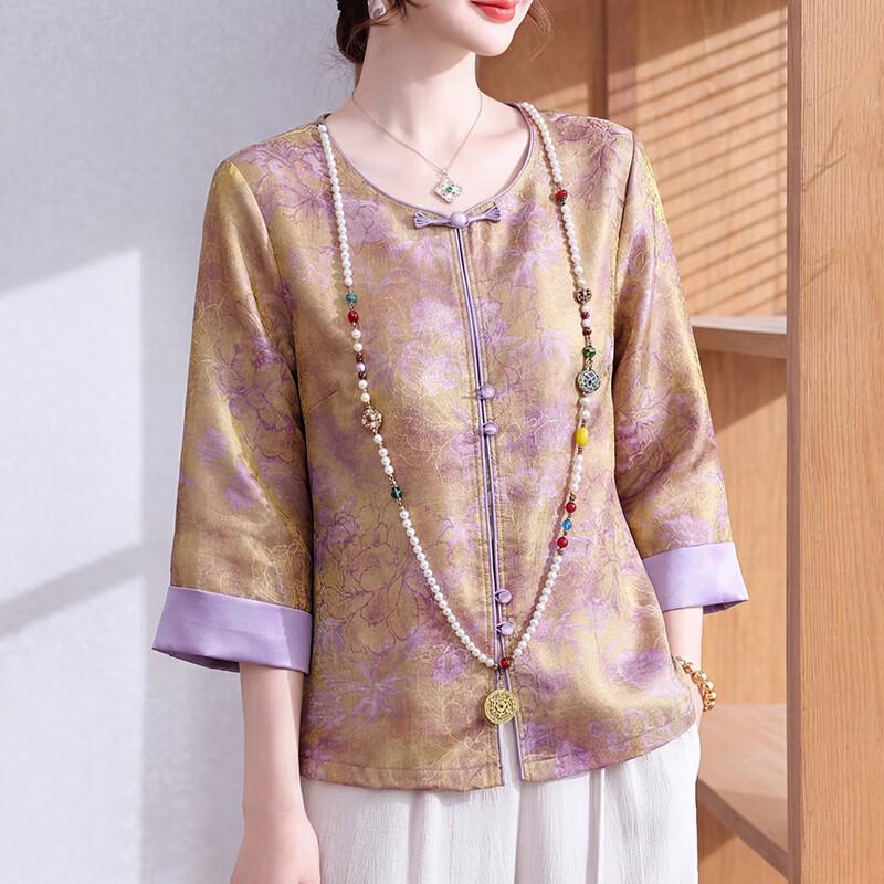 Xuexi Women s Chinese Style Print Three-Quarter Sleeve Chiffon Blouse 3XL фиолетовый