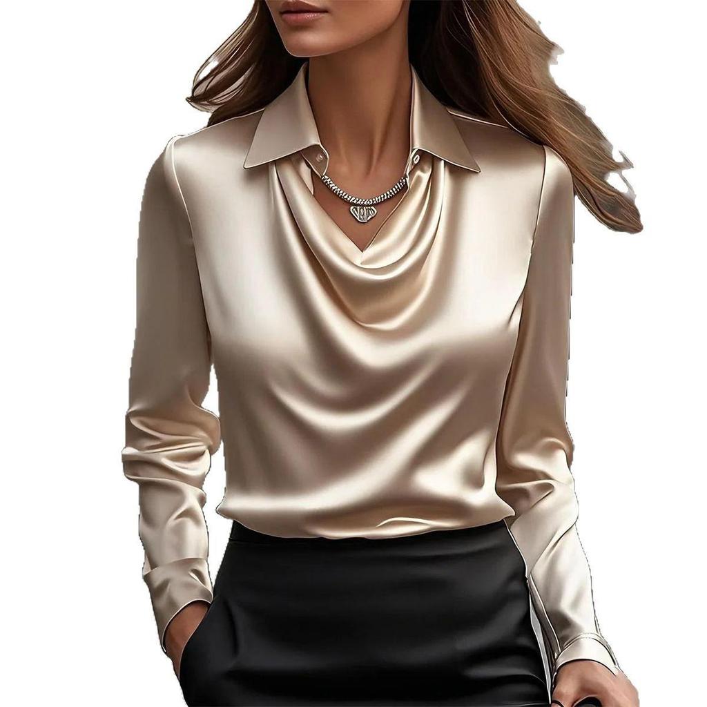 Champagne Gold Silk Blouse with Stacked Neckline, Elegant Women's Shirt In Multiple Colors
