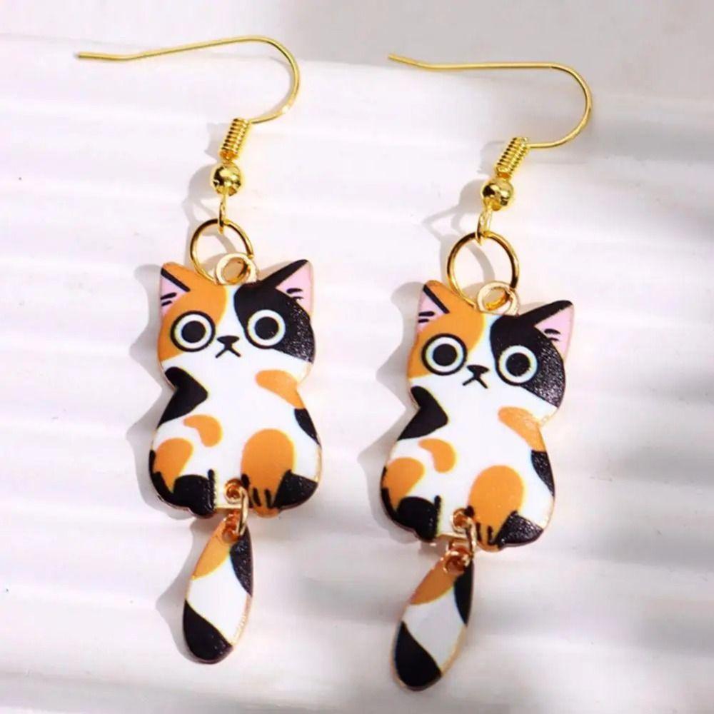 Enamel Zinc Zinc Alloy Cat Dangle Earrings Animal Theme Cartoon Animal Earrings 3D Cat Earrings  Jewelry Set