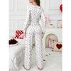 Women Heart Print Lapel Collar Long Sleeve Long Pants Two Piece Pajama Home Wear Set