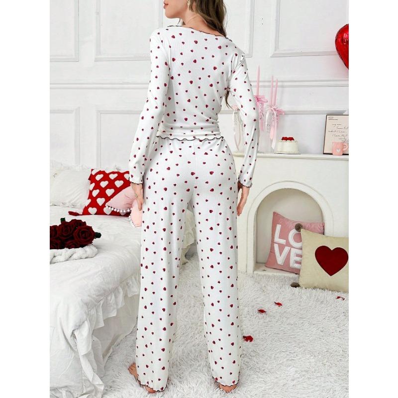Women Heart Print Lapel Collar Long Sleeve Long Pants Two Piece Pajama Home Wear Set