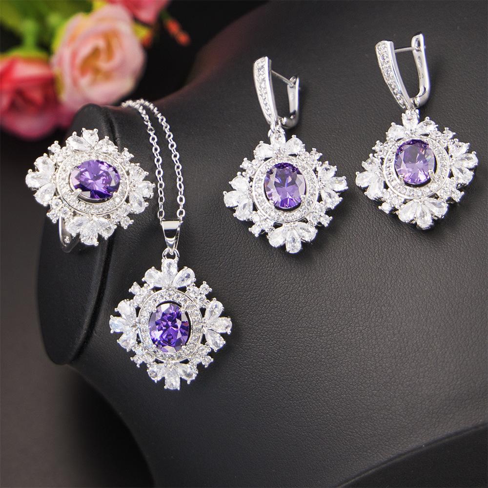 Top Selling Zircon Jewelry Set European and American Purple Necklace Earrings Bracelet Zircon Jewelry Three Piece Set