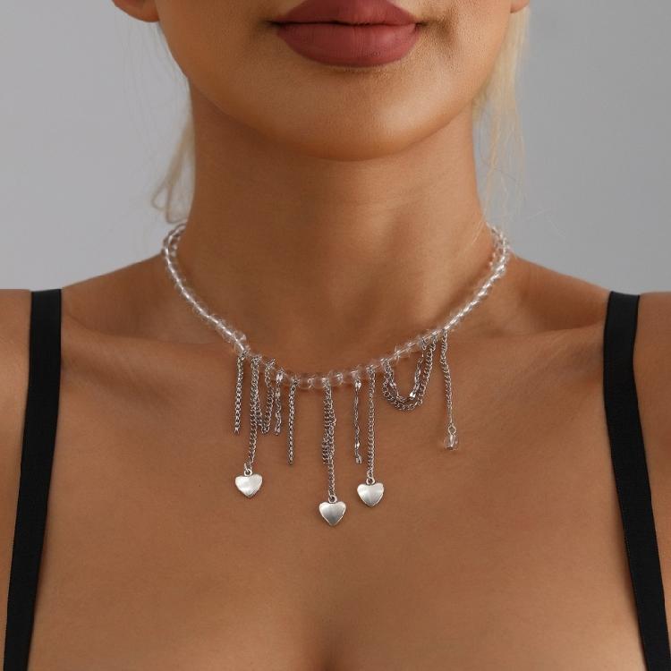 Versatile Rhinestones Heart Pendant Necklace With Swing Fringe Design Lightweight Chain For Casual Or Evening Wear