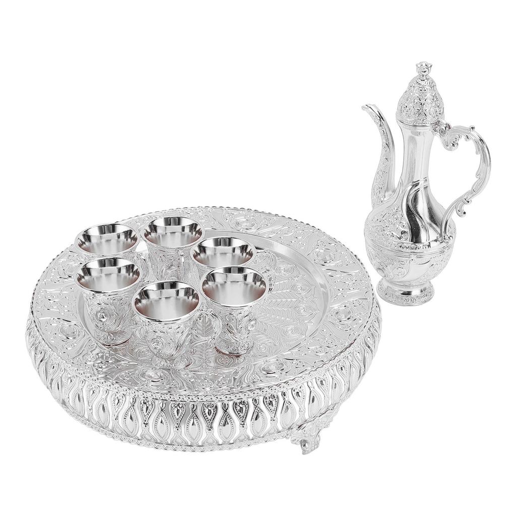 Vintage Wine Pot Set European Retro Coffee Pot Tray Kit Decorative Zinc Alloy Exquisite Carving Wine Cups for Home Party Dinner