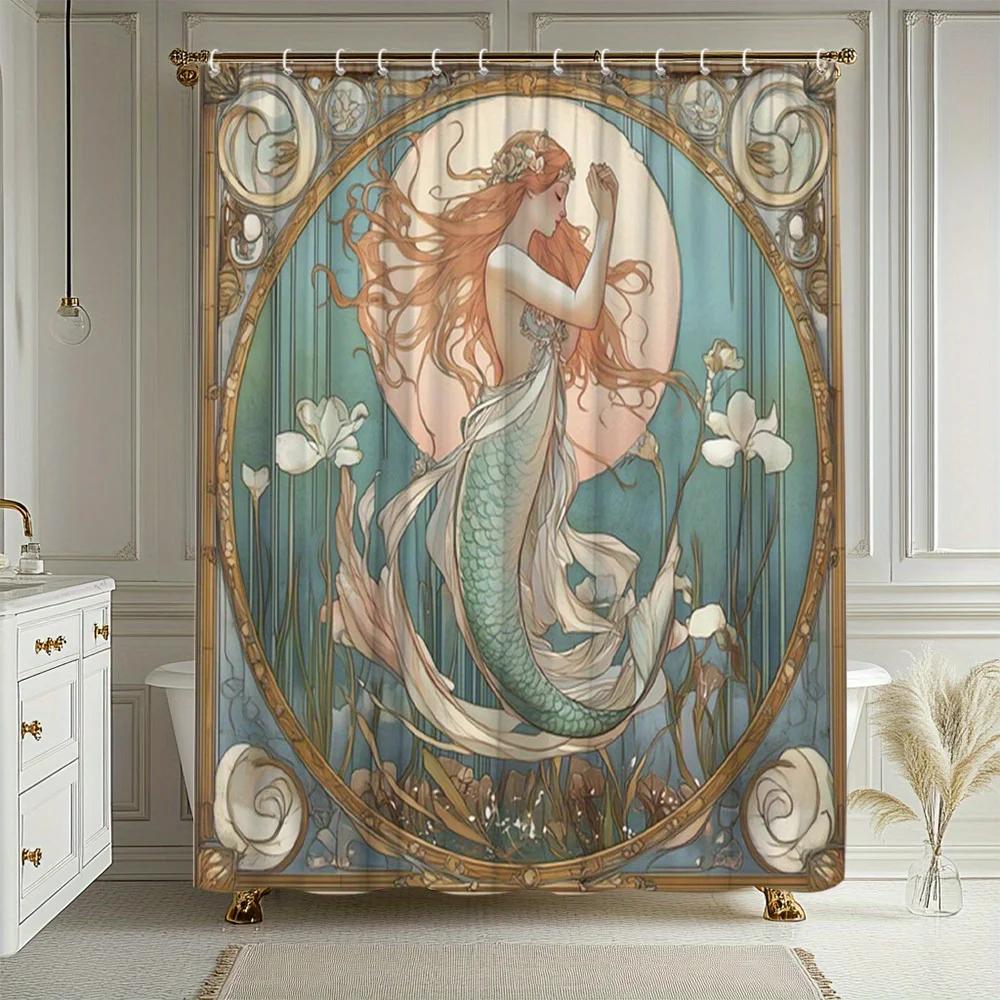 1pc Mermaid Watercolor Style Shower Curtain Bathroom Decor Polyester Fabric with 12 Hooks 70.8x70.8 Inches