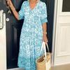 Women Floral Print Vneck Dress Lightweight Loose Long Dress Short Sleeve Summer Breathable Comfort Casual Dress for Fashion Work and Vacation