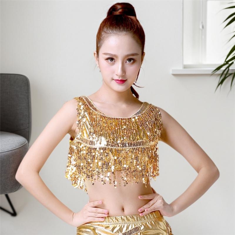 Belly Dance Performances Sequins Fringe Vest Elastic Stretch Fabric Round Neck Stage Show Costume