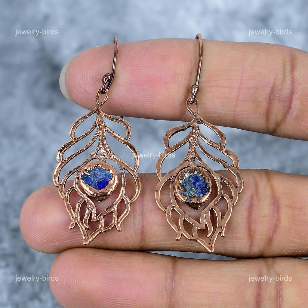 Round Lapis Lazuli Stone Electroformed September Dangling Ethnic Earrings Copper VP-85