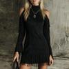 Women'S Solid Color Faux Suede Fringe Dress Cold Shoulder Mock Neck Boho Western Mini Dress