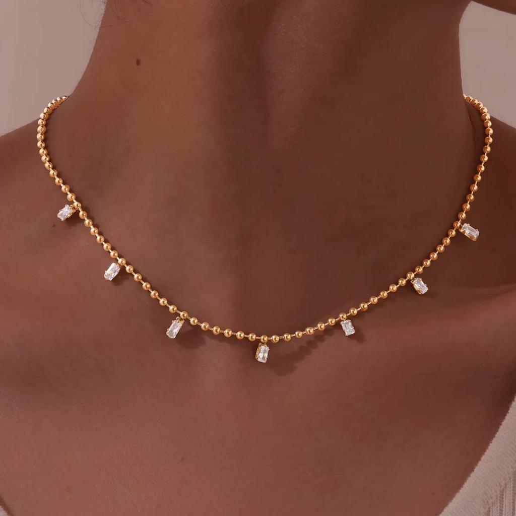 Stainless Steel 7 White Square Zircon Necklace Pendant Wave Bead Chain Gold Color Choker Necklaces Fashion Jewelry Gifts