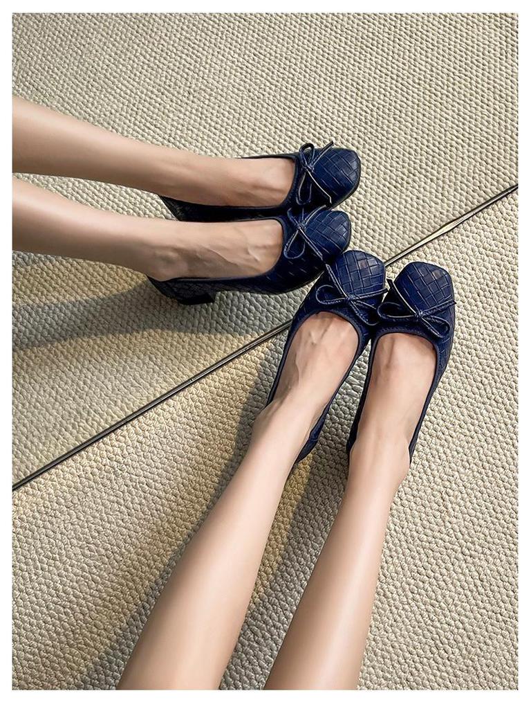 Women's Woven Bowknot Low Heels - Comfortable Square Toe Flats for Spring/Autumn