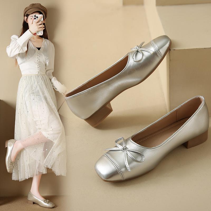 French retro ballet style shallow mouth flat sole shoes women's new autumn bow square head Mary Jane shoes women