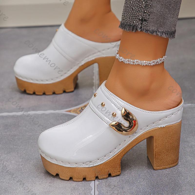 Damskor Chunky Högklackade Mules Tofflor Enfärgade Baotou Romerska Tofflor Plattform Slip-on Skor
