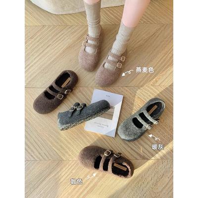 Shoes Heightened Round Head Double Buckle Belt Birkenstock Woolen Mary Jane Woolen Single Shoes