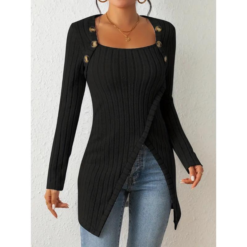 Exquisite and Elegant Striped Square Collar Women's Long-sleeved T-shirt, Autumn and Winter Fashion Knitted Irregular Women's Pullover