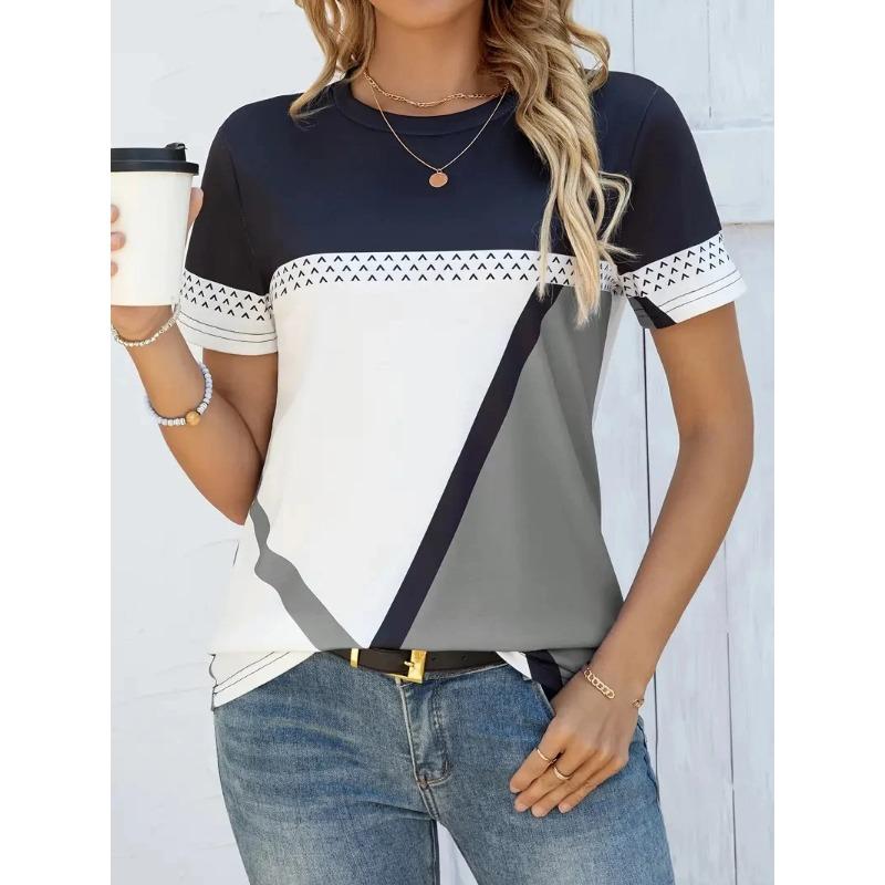 Women's T Shirt Graphic Casual Short Sleeve Round Neck Regular Tops Daily Patchwork Print Red Blue Khaki Summer
