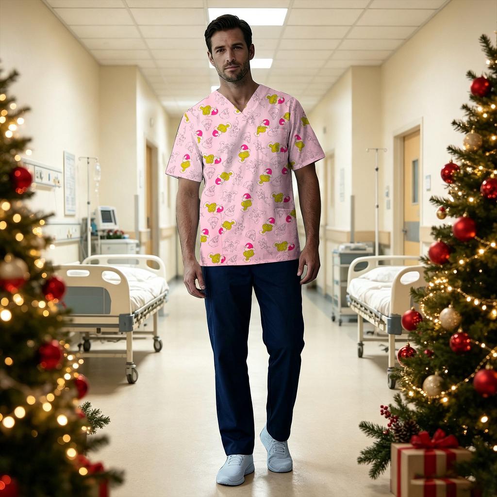 Men's Christmas Print V-Neck Short Sleeve Scrub Top with Chest Pocket