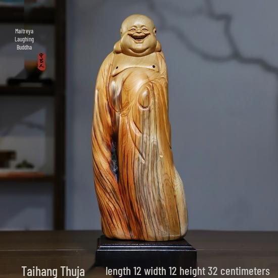 Intaglio Radice di Legno di Cipresso di Scogliera: Ornamento Daruma Maitreya Buddha in Legno Massello in Zafferano Dorato e Legno di Rosa Nanmu.