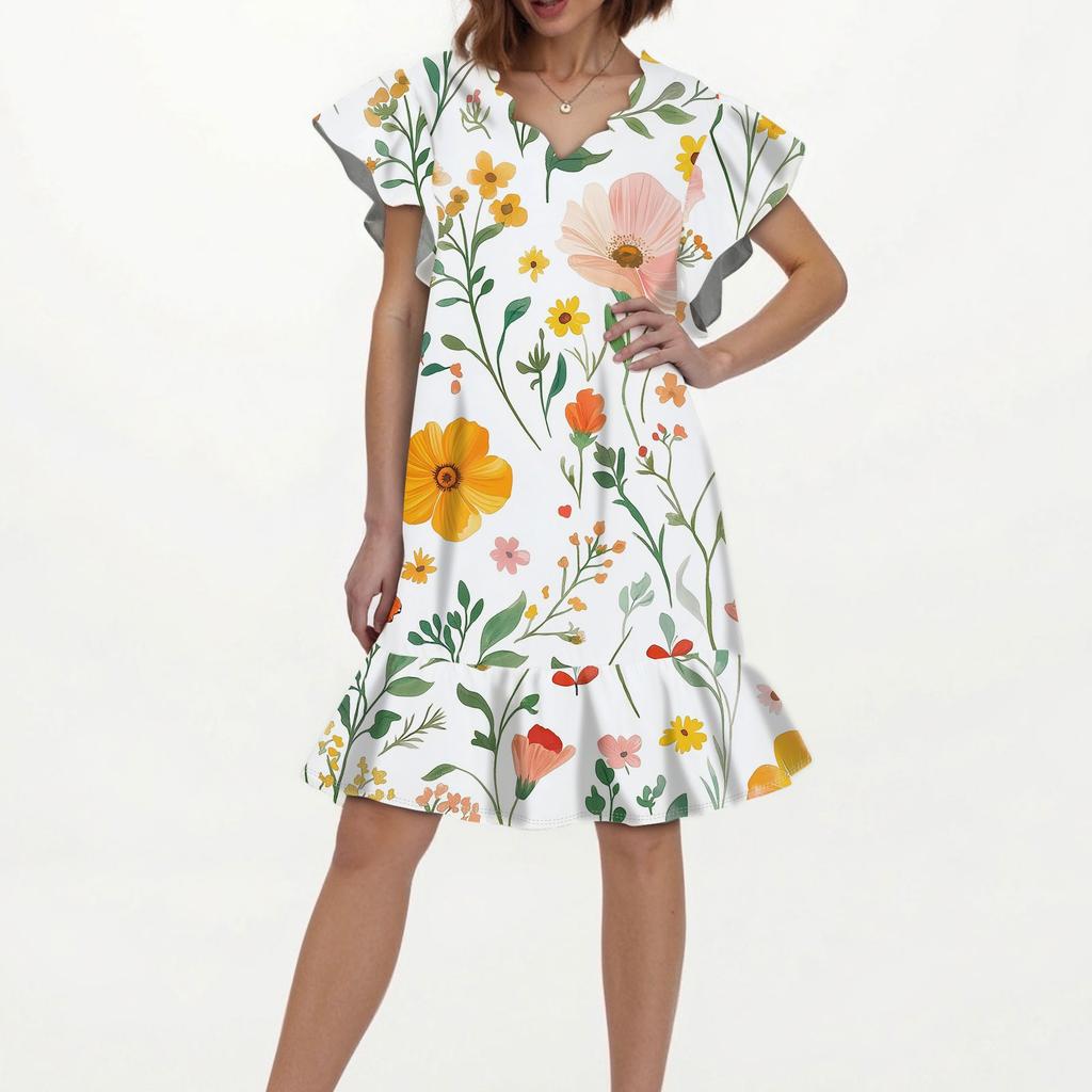 Women's Fashion Casual V Neck Wavy Edge Floral Print Short Sleeve Dress