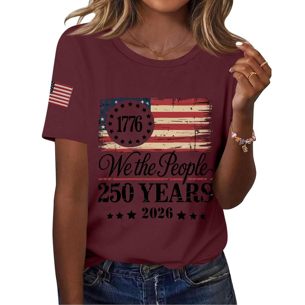 Women Casual Independence Day Print Crew Neck Short Sleeve T-Shirt Top Lightweight Comfortable Fit Stylish Design Summer Wear