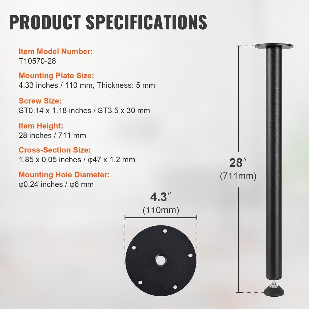 711.2MM Adjustable Desk Legs, Reinforced Steel Office Table Furniture Legs Set of 4 for DIY, 544.3KG Load Capacity Heavy Duty Desk Legs, Quick