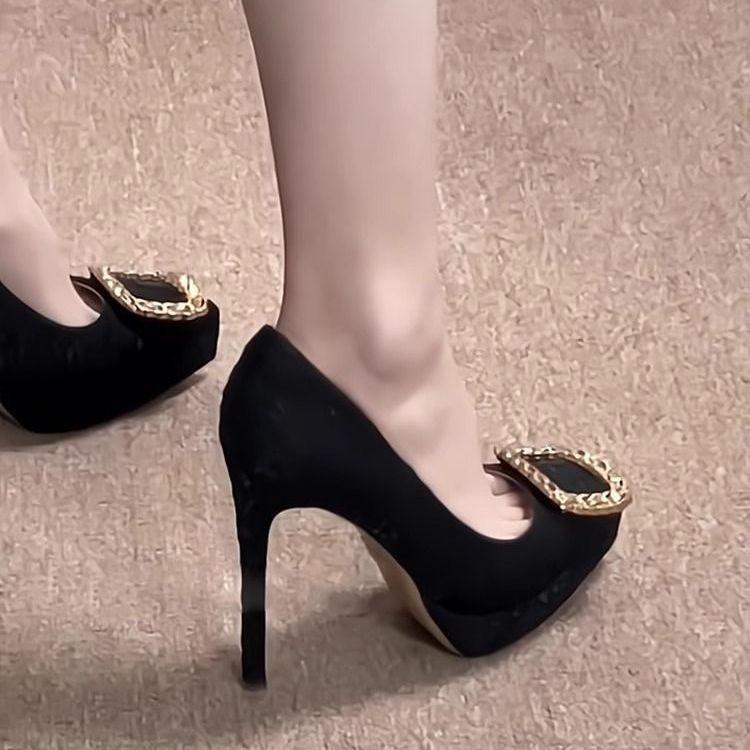 Temperament square buckle black suede small waterproof table pointed head thin heel high heels women's single shoes 2025 autumn new