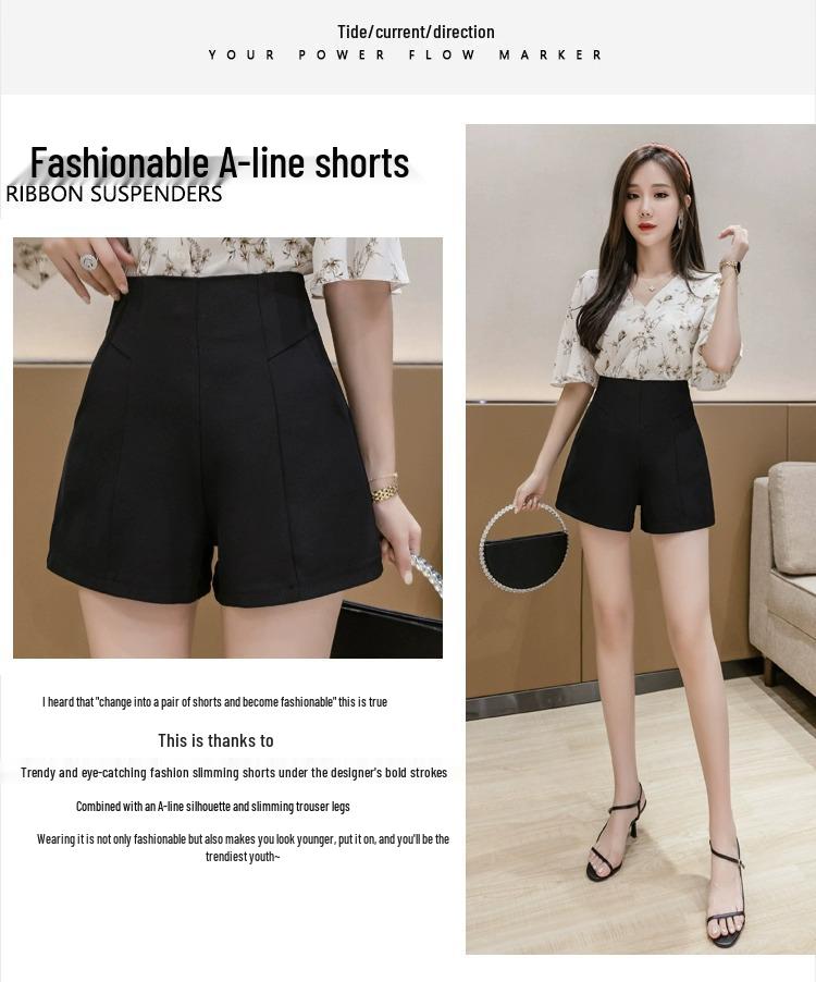Summer 2024 Women's Black A-line High Waisted Wide Leg Suit Shorts - Korean Style