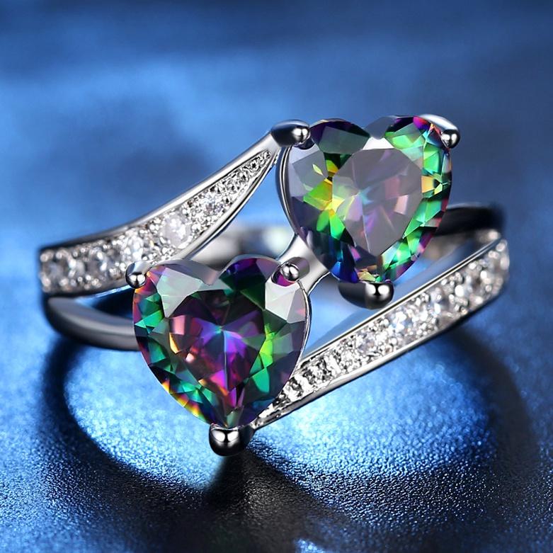 LUXY MOON Fashion Women Blue Zircon Double Heart Love Rings Wedding Decor Double Heart Zircon Ring