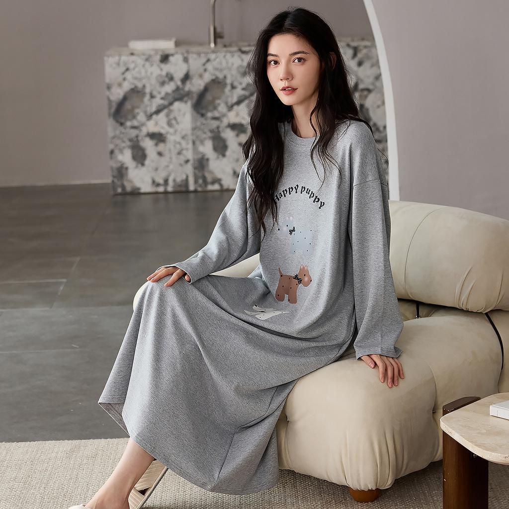 Nachthemd Damen Frühling und Herbst Reine Baumwolle Langärmelig Mittel und Lang Locker, Süß und Hochwertig Lässig Kann Draußen Getragen Werden Loungewear