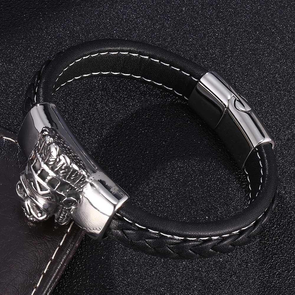 Punk Men Bracelet Black Braided Leather Bracelets Men Stainless Steel Tribe Cowboy King Skull Bracelets Men Jewelry