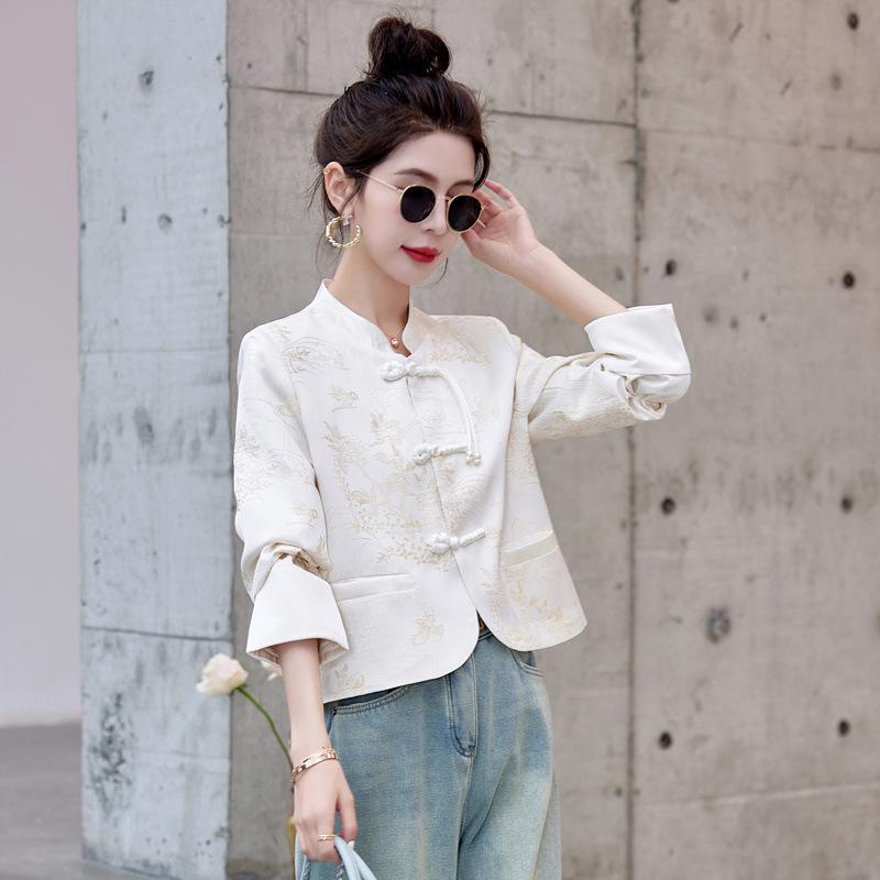 Off-white Coat Women's Short Spring and Autumn New Disc-buckled Stand-up Collar Jacquard Tang Suit Top Trendy