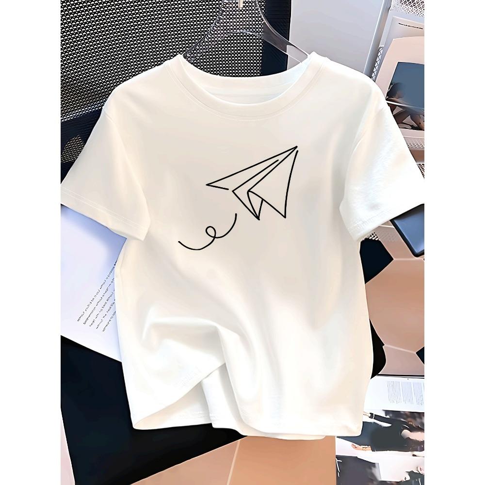 

Women s Casual Paper Plane Pattern T-Shirt Round Neck Short Sleeve Breathable Casual Outfit Women Clothing Graphic T Shirts M