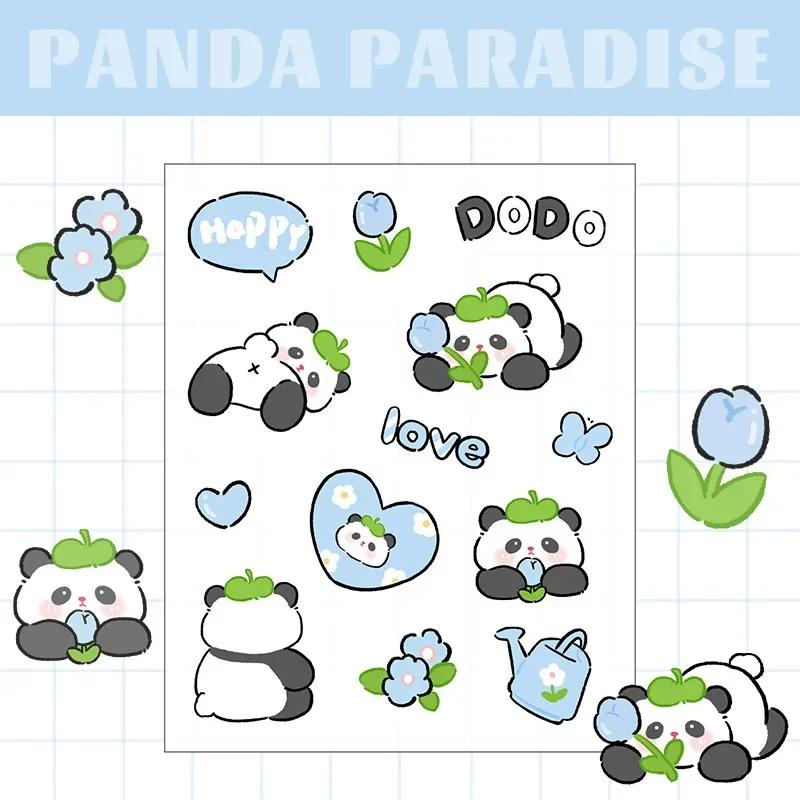 10 Sheets Cartoon Panda Stickers PET Transparent Sticky Decoration DIY Cups Diary Planner Stickers for School Gift Kids Girl