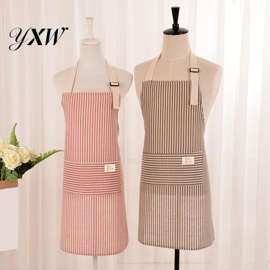 Kitchen Tool Storage Apron Cotton Linen Striped with Pocket Breathable Waterproof Oil-proof Bib Adjustable Men Women Chef Cooking Baking Sleeveless