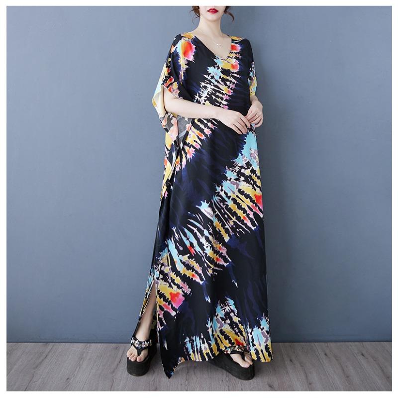 DIMANAF 2025 Summer Women Plus Size Dress Printing Dress Basic Casual Vintage Loose Linen Maxi V-Neck