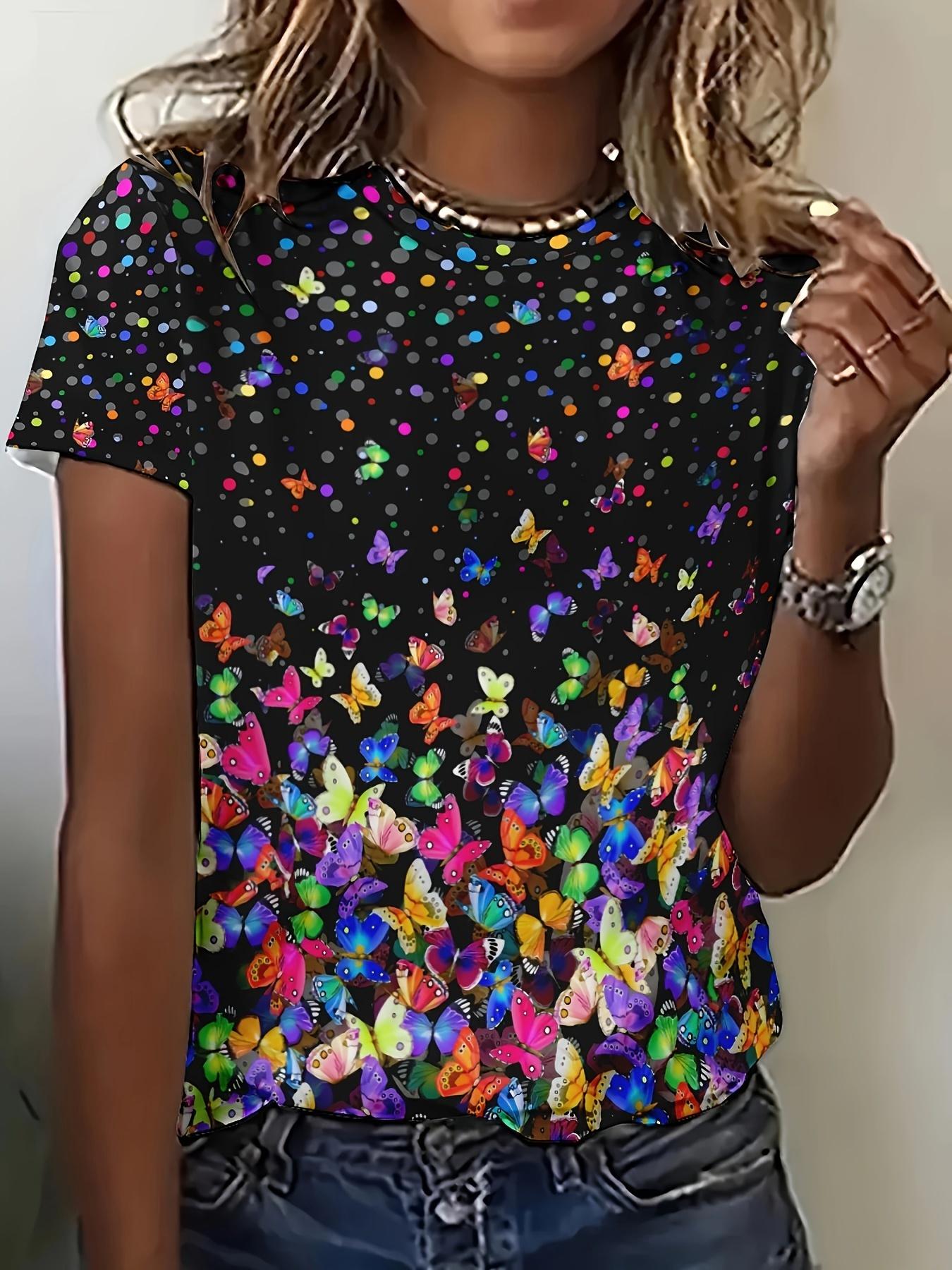 

2025 Летняя женская футболка с круглым вырезом, повседневная, свободный дизайн, простой топ, модная футболка с 3D-принтом и рисунком бабочки 3XL