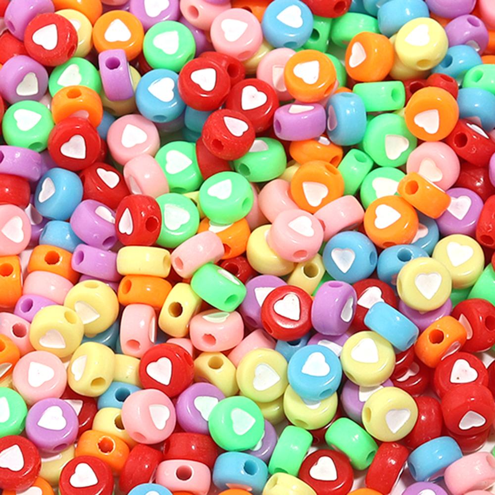 100Pcs/Lot Flat Round Acrylic Beads Colorful Heart Loose Spacer Bead for Jewelry Making Handmade DIY Bracelet Necklace Accessory