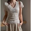 Summer V-neck Threaded Cotton Solid Color Versatile Waist Line Front Shoulder Short-sleeved T-shirt Women's Clothing Korean Thin Bottoming Shirt Top