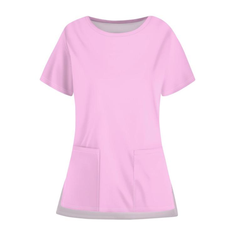 Casual Protective Top Work Uniform Open Hem Pocket Neck Round Solid Color for Women