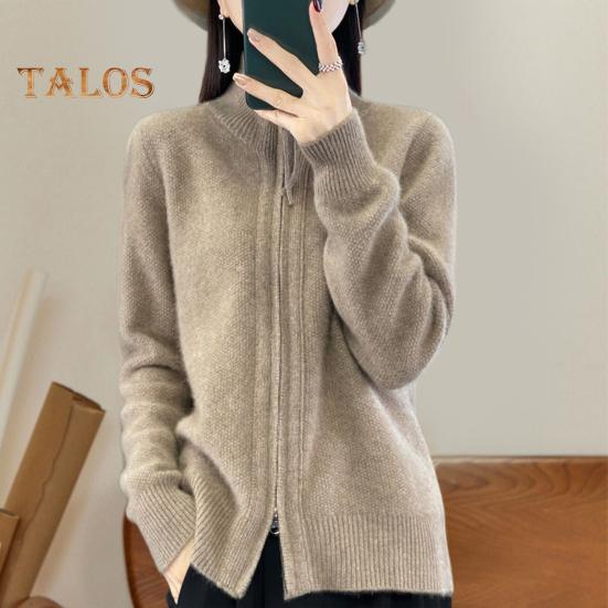 Women Knitted Sweater Coat High Collar Long Sleeve Double Zipper Placket Autumn Winter Solid Color Knitwear