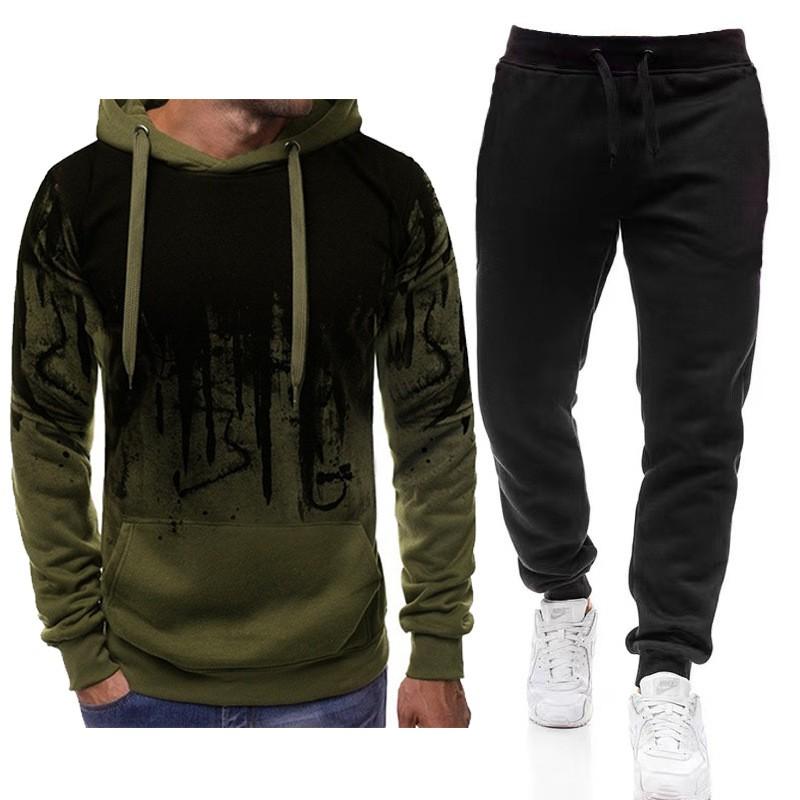 Mens Sportswear Set: Hooded Fleece Sweatshirt Long Pants Ink-Splash Print Warm Casual Tracksuit Fall