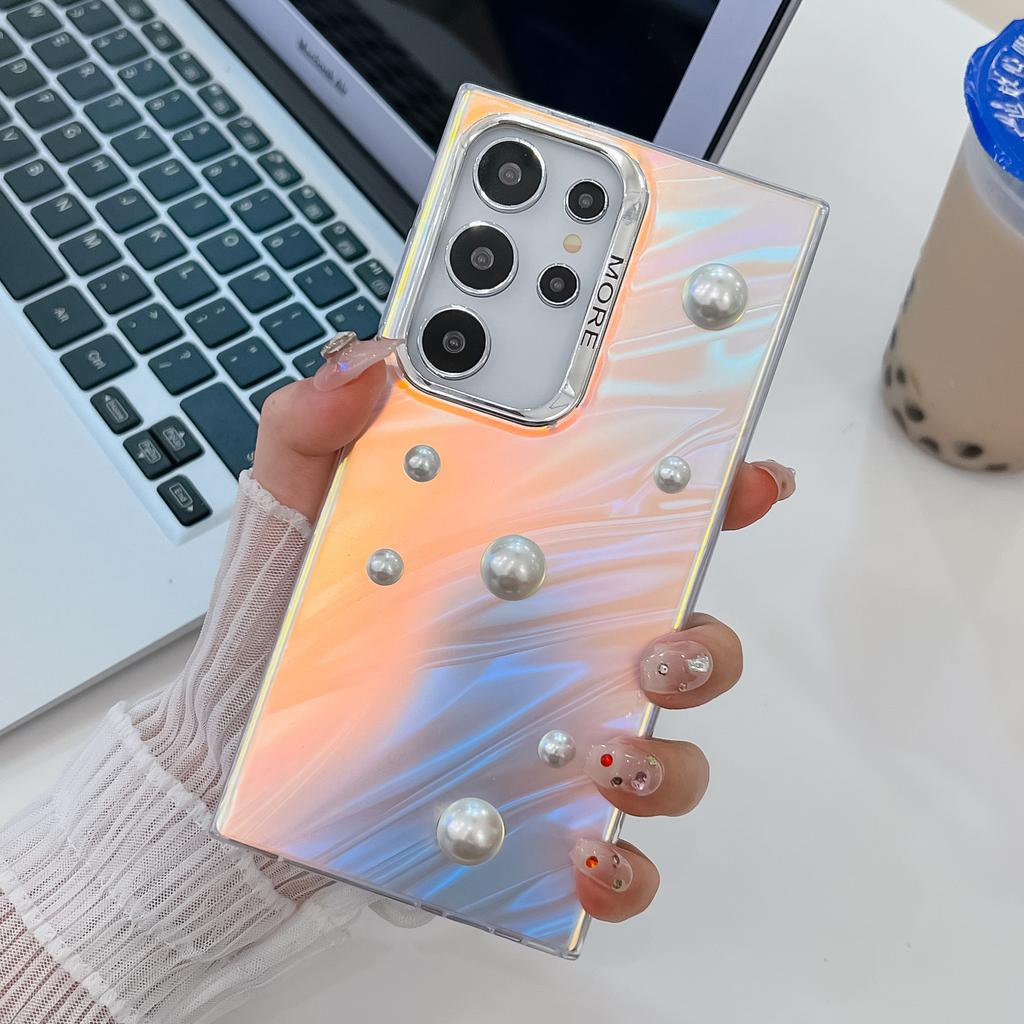 Advanced Three Dimensional Pearls Suitable for Samsung S25ultra Mobile Phone Case S24plus Electroplated Laser A56 Hard Set