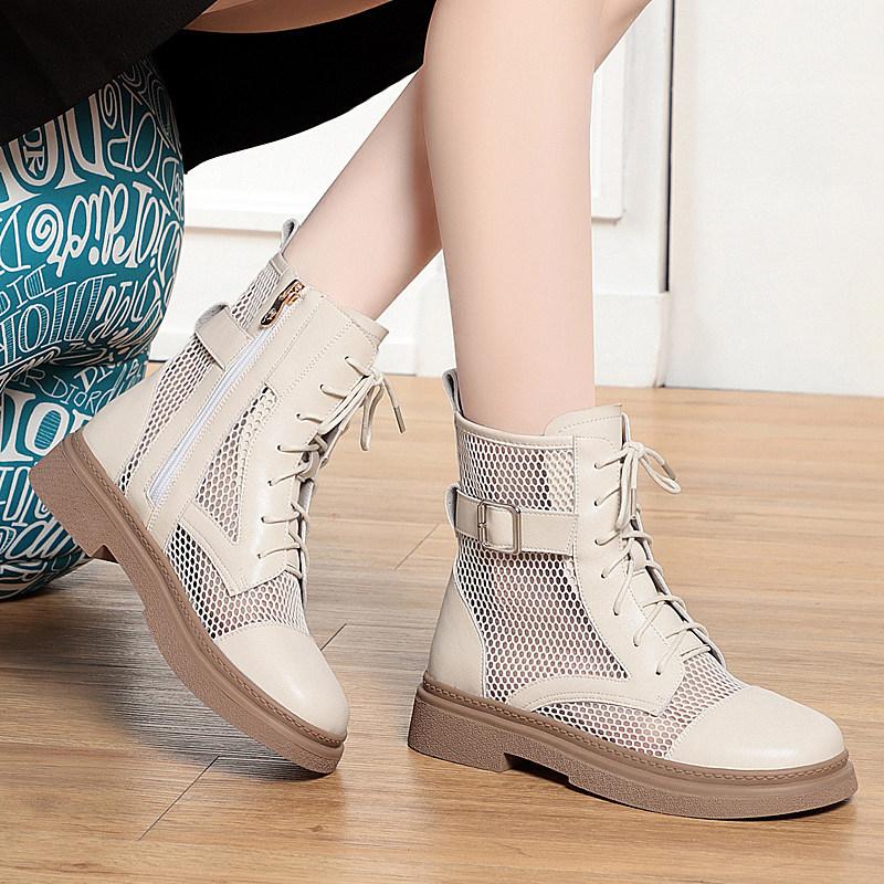 

Round-toe Openwork Mesh Breathable Sandals, Summer Lace-up Flat Sandals with Side Zipper, Versatile Ankle Boots 35