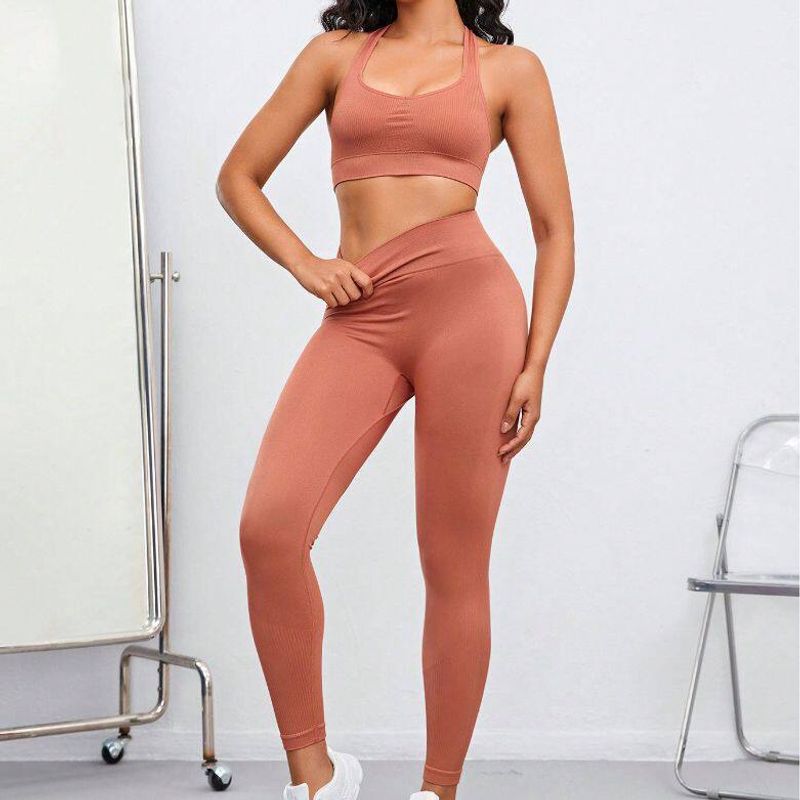 Fashion New Sports Fitness Yoga Suit Women s Quick-Drying Tight Running Exercise Vest Yoga Pants Light Brown S