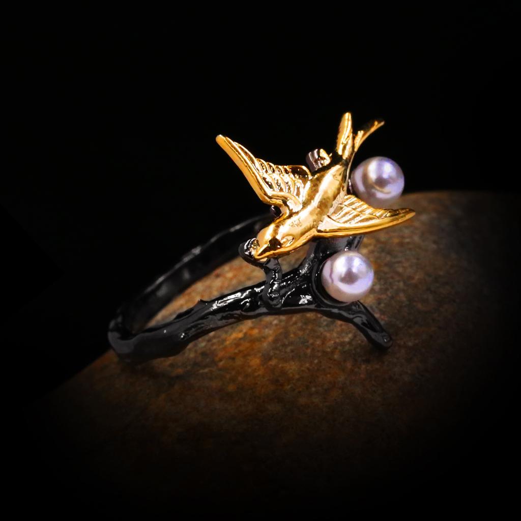 Exquisite Hummingbird Pearl Black Gold Ring Ladies Ring Party Jewelry Engagement Gift Bird Magpie Women's for Ring
