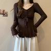 Large Size T-shirt Base Shirt with Unique Drawstrings In Autumnal and Winter, Sexy Pure Slim-fit Fit and Slim V-neck Top
